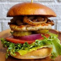 Crafted Turkey Burger · Quarter Pound - Caramelized Onions, Lettuce, Tomato, Red Onion, Sliced Kosher Pickles
