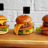 Cheese Burger Sliders · Three 2oz each Sliders with Lettuce, Tomato, American Cheese