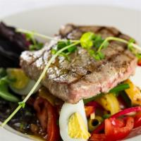 Salade Niçoise · Grilled Ahi Tuna Steak, Tomato, String Beans, Potato, Hard-Boiled Organic Egg, Anchovy, Red ...