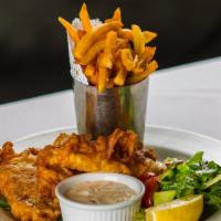 Fish And Chips · Fresh Cod Filet fried in Beer Batter, French Fries, Side Salad.