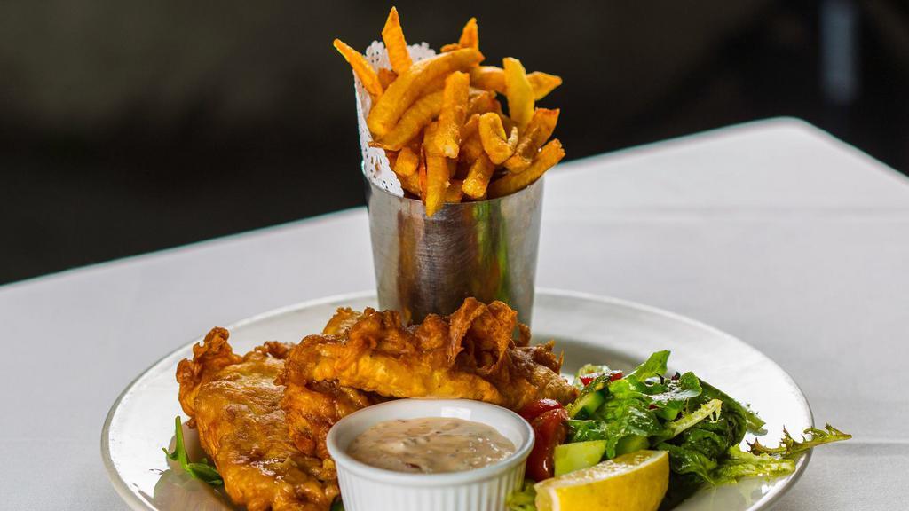 Fish And Chips · Fresh Cod Filet fried in Beer Batter, French Fries, Side Salad.