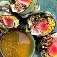 Fresh Seaweed Tuna Roll · Rice paper wrap with seaweed, sesame ahi tuna, cucumber, avocado, alfalfa sprouts, scallion,...