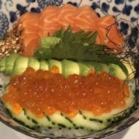 Salmon & Ikura Don  · Salmon . ikura, avocado, tamago and ashinko with fresh wasabi & tamari soy sauce