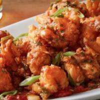 Crispy Shrimp Napoli · Crispy shrimp, green onions, charred tomato sauce