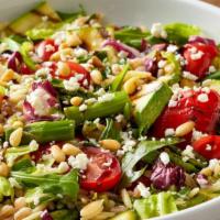 Mediterranean Vegetable Salad · Grilled seasonal vegetables, orzo, farro, feta, sweet garlic vinaigrette, balsamic glaze
