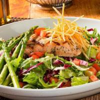 Grilled Salmon* Salad · Field greens, tomatoes, grilled asparagus, crispy shoestring potatoes, feta, balsamic, vinai...