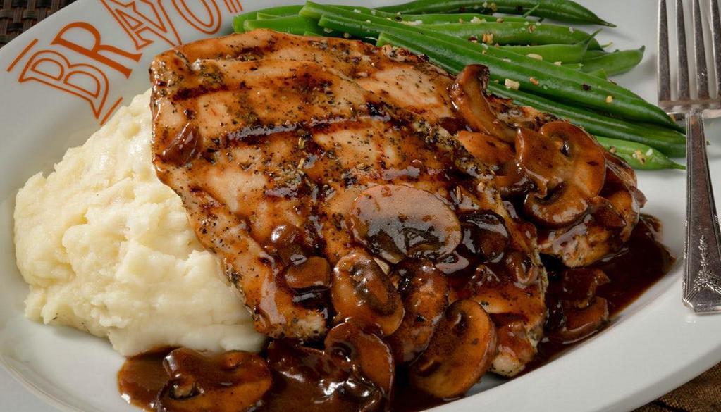 Chicken Marsala · Grilled chicken, marsala sauce, mushrooms, mashed potatoes, seasonal vegetables.