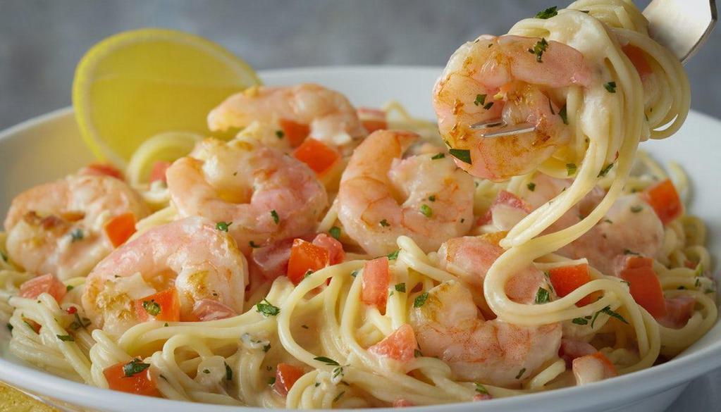 Shrimp Scampi · Sauteed shrimp, spaghetti, garlic crostini