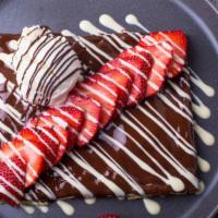 Strawberry Crepe · Crepe, strawberry, rich Belgian chocolate, vanilla ice cream.