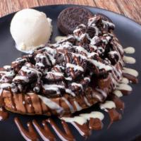 Oreo Waffle · Waffle, Oreo, rich Belgian chocolate, vanilla ice cream.
