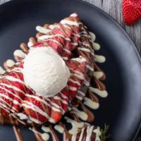 Strawberry Waffle · Waffle, strawberry, rich Belgian chocolate, vanilla ice cream.