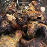 Pollo Al Horno / Baked Chicken · Elige uno: arroz y habichuelas, tostones, maduros, papas fritas, pure de papas, moro de gand...