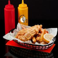Fish And Chips · Crispy battered fish filet and french fries.