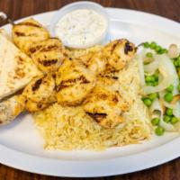 Chicken Kebab Platter · Chunks of marinated chicken breast with mushrooms and onions.