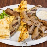 Little Feast Five Kebab Platter · Char grilled steak kebab, lamb kebab, lamb gyro, chicken kebab and lamb kofte.