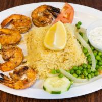Shrimp Kebab Platter · Grilled jumbo shrimp, marinated and seasoned to perfection.