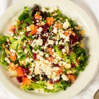 Tavern Salad · Baby spinach spring mix, goat cheese, cherry tomatoes, dried cranberries, chopped almonds, r...