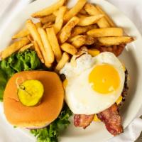 Early Rise Burger · Bacon, egg, American cheese. Fries not included.