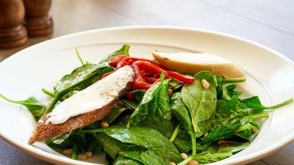 Goat Cheese & Spinach Salad · Honey, roasted pine nuts & balsamic vinaigrette.