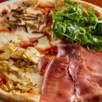 Four Stagioni Italian Classica Pizze · Tomato, mozzarella, mushrooms, artichokes, Italian olives, and prosciutto.