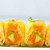 Sunset Blvd Roll · Spicy tuna, salmon, yellowtail, avocado and crispy noodles inside, wrapped with soy seaweed ...