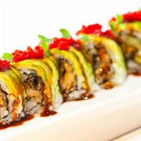 Dragon Roll · eel & cucumber roll,topped with avocado, tobiko, eel sauce