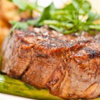 The King Of Steak 8Oz · Grilled filet mignon. Served with whipped potato, sauteed brocooli & grilled asparagus. Port...