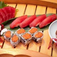 Tuna (4) Ways · Six pieces sashimi, four pieces of sushi and spicy tuna roll, tuna tartar.