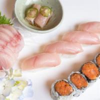 Yellowtail (4) Ways · Six pieces sashimi, four pieces of sushi and spicy yellowtail roll, yellowtail jalapeño.