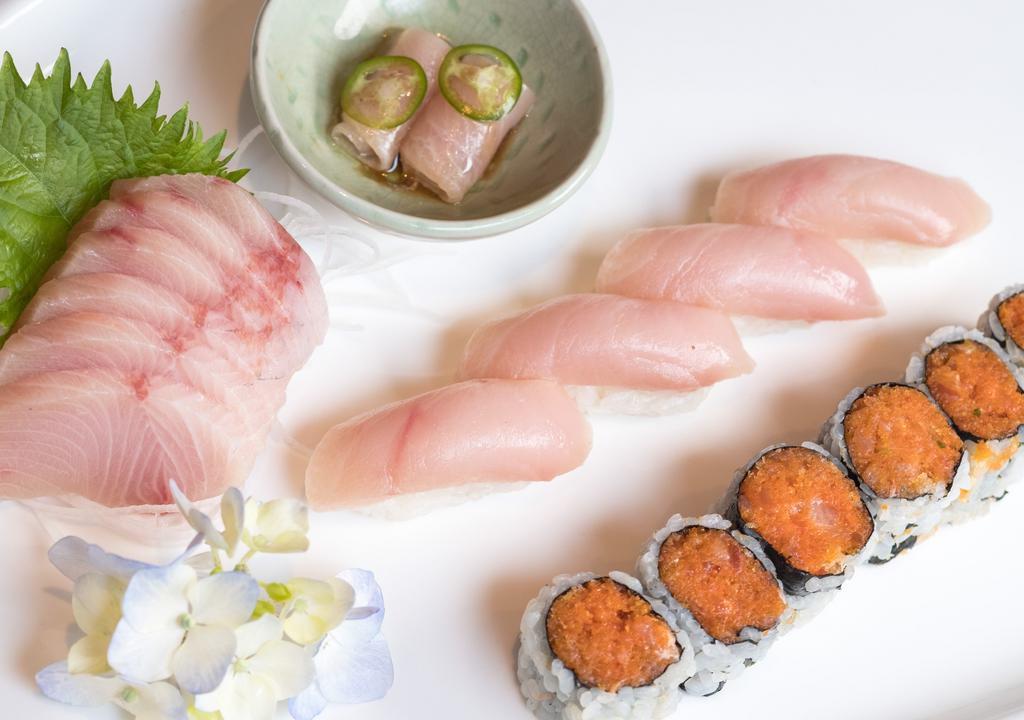 Yellowtail (4) Ways · Six pieces sashimi, four pieces of sushi and spicy yellowtail roll, yellowtail jalapeño.