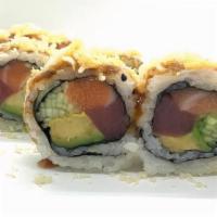 El Scoobacho Roll (Xl) · salmon, tuna, avocado & cucumber, topped with crunch and special sauce duo