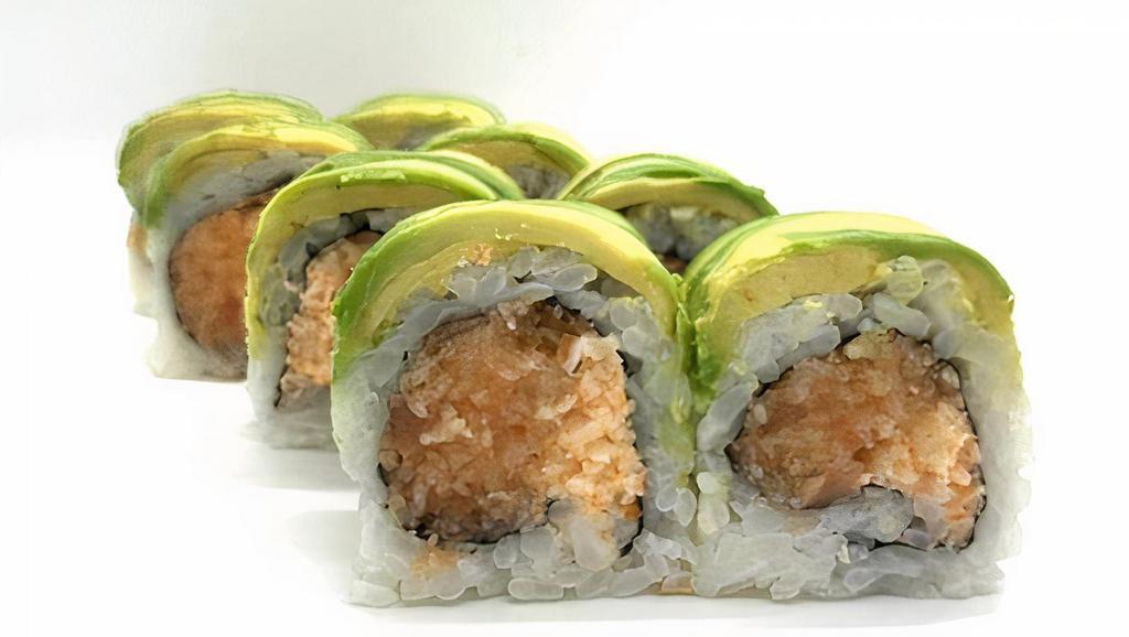 Greeny Roll · crunchy spicy salmon and spicy Kani, topped with avocado