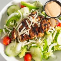 Southwest Salad · Grilled Cajun chicken, romaine lettuce, tomatoes, cucumbers, onions, bell peppers and chedda...