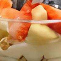 Fresh Fruit Yogurt Parfait Cup · Low Fat Vanilla Yogurt, Strawberry, Blueberry, Banana, Almonds, raisins, Honey Granola. Serv...