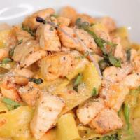 Pesce Pappardelle · Fresh Homemade Pappardelle Pasta, with Seared Salmon, Broccoli, Sundried Tomato Cream Sauce ...