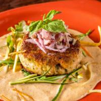 Crab Cake · Homemade lump crab meat, spicy mango aioli, and apple Coleslaw.