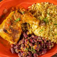 Chicken Sofrito · Marinated and roasted chicken leg quarters, served with flavored rice and beans.