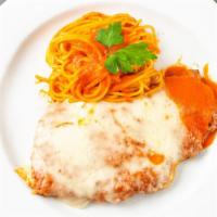 Chicken Parmigiana · Mozzarella, tomato sauce, and pasta.