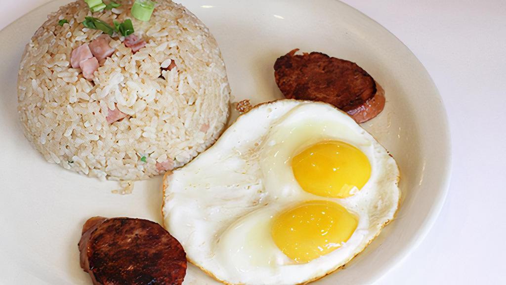 Fried Rice Special · Two eggs and one choice of: 2-piece Spam, Portuguese sausage, bacon or link (no substitutions).