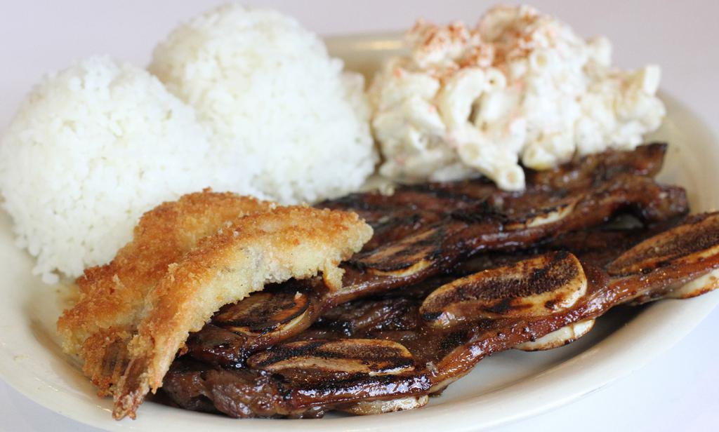 Kaneohe Combo Special · One choice of: garlic bread, rice or home fries. One choice of: tossed salad, potato salad or mac salad choose. Two (2) different choices: - kalbi - teriyaki beef - teriyaki chicken - fish - chicken cutlet - fried shrimp.