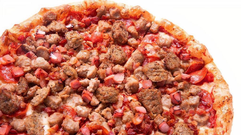 Meat Primo · XL NY Pizza made with fresh, hand-stretched dough, topped with San Marzano-style tomato sauce, 100% whole milk mozzarella, pepperoni, sausage, meatballs, ham, and bacon. Made fresh daily..