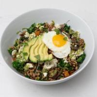 Breakfast Bowl · warm farro, kale, wild mushrooms, squash, feta, avocado, sunny side up egg with pepita cilan...
