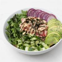 Spicy Tuna Bowl · rare tuna, cilantro pepita quinoa, avocado, cucumber, wasabi nori, arugula, radish, tamari g...