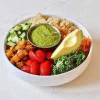 Quinoa Bowl (Gf, V) · Quinoa, avocado, shredded kale, roasted squash, cherry tomatoes, cucumbers, carrots, and cil...