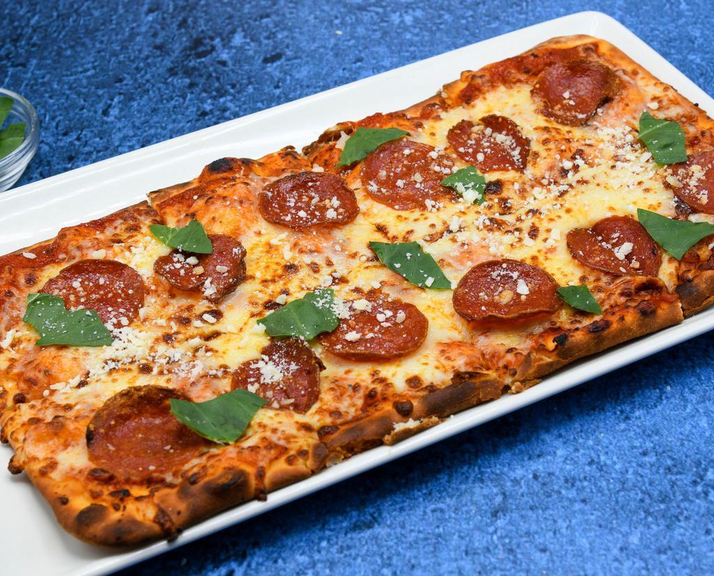 Roasted Tomato & Pepperoni Flatbread · Mozzarella, Parmesan, Pepperoni, Roasted Tomato Sauce