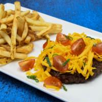 Usda Prime Chopped Steak · Aged Sharp Cheddar, Tomatoes, Green Onions, Choice of Side