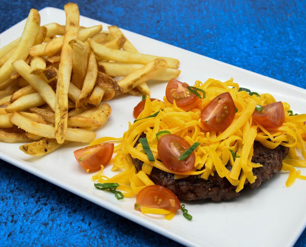 Usda Prime Chopped Steak · Aged Sharp Cheddar, Tomatoes, Green Onions, Choice of Side