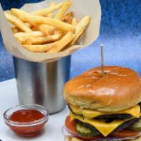 Grille Cheeseburger · Double-stacked beef patties, American cheese, lettuce, red onion, sloppy sauce, tomato, pick...