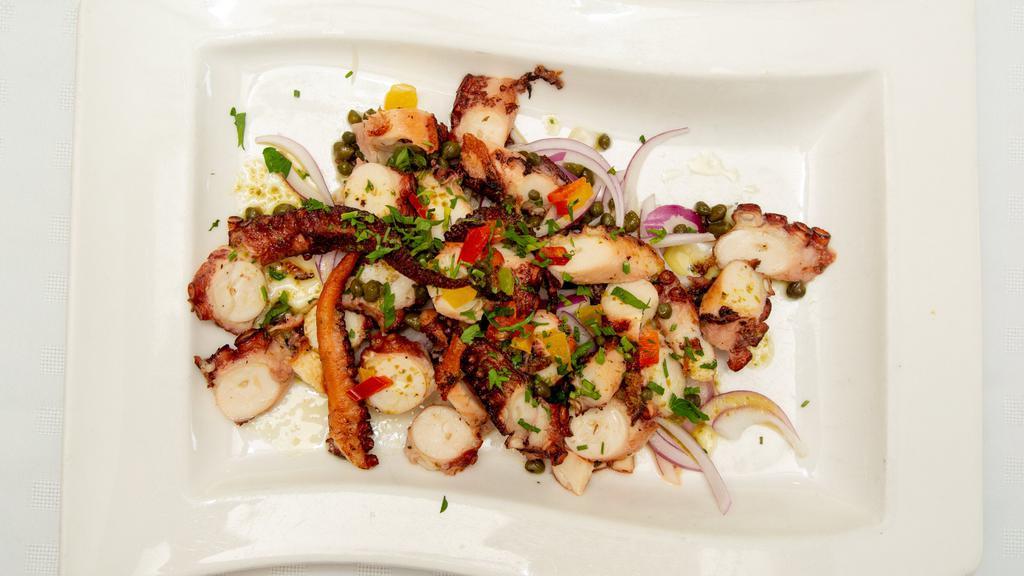 Octopus Lunch · Sushi - quality Mediterranean grilled octopus, capers, red onions, red wine vinegar and extra virgin olive oil.