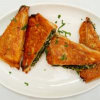 Spanakopita Lunch · Fresh baby spinach, feta cheese, leaks and dill crispy filo dough.